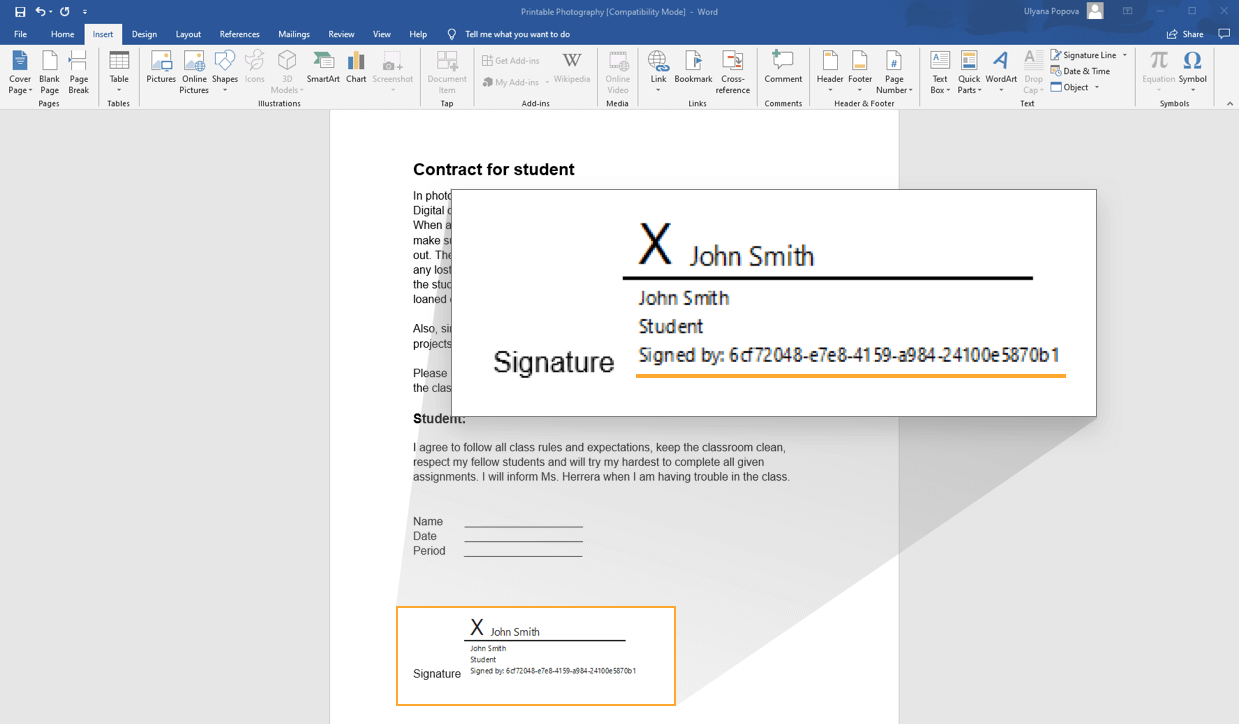 how to add handwritten signature in word
